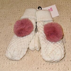 Surell White color Popcorn Knit Girls Mittens with Faux Fur Pink Pom-Pom NWT